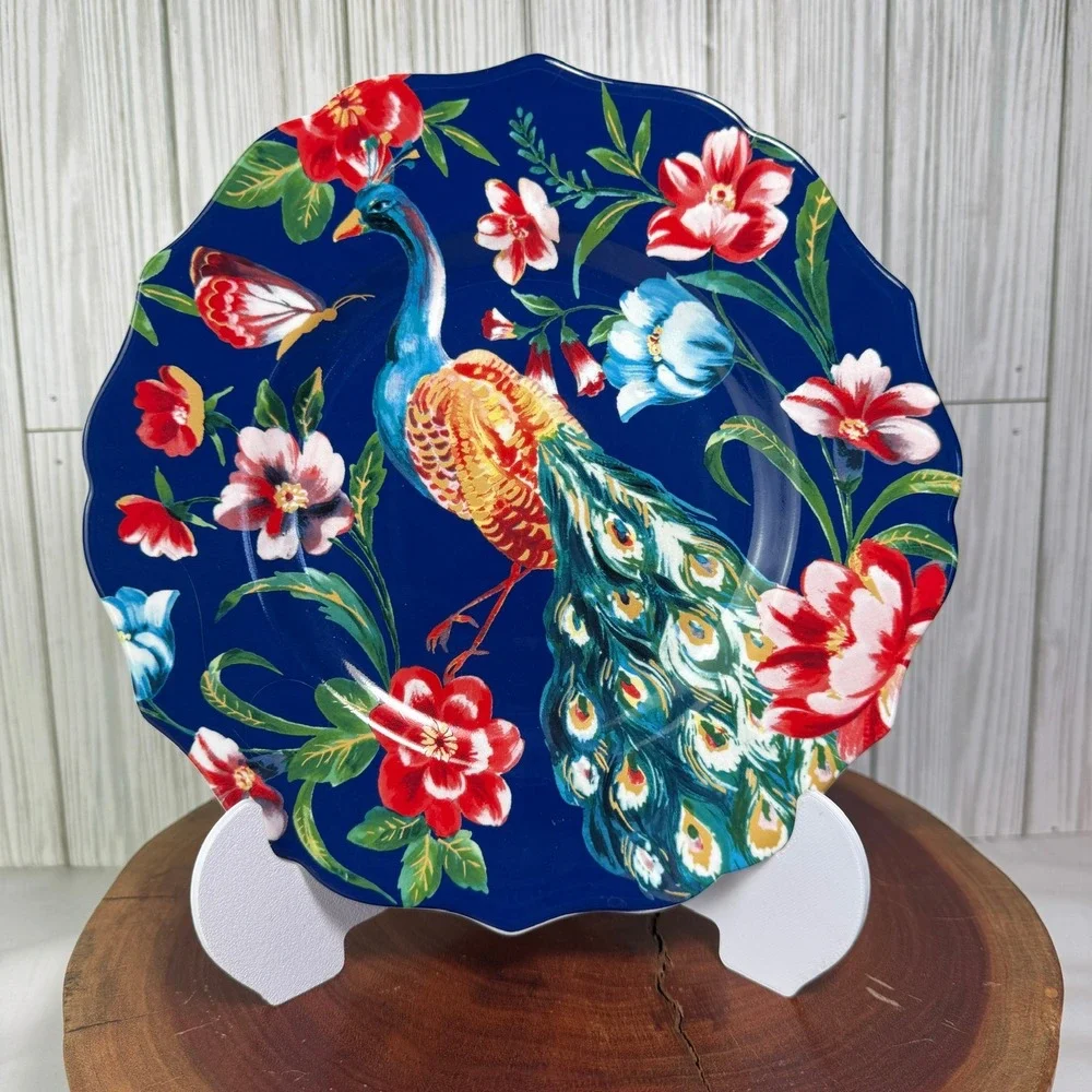 Pier 1 Imports Peacock Porcelain Salad Plate Cobalt Blue Floral Scalloped 8.5
